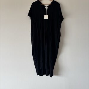 P Cill Midi Black Kaftan Dress Size M Linen Cotton Resort Lagenlook Coastal NWT